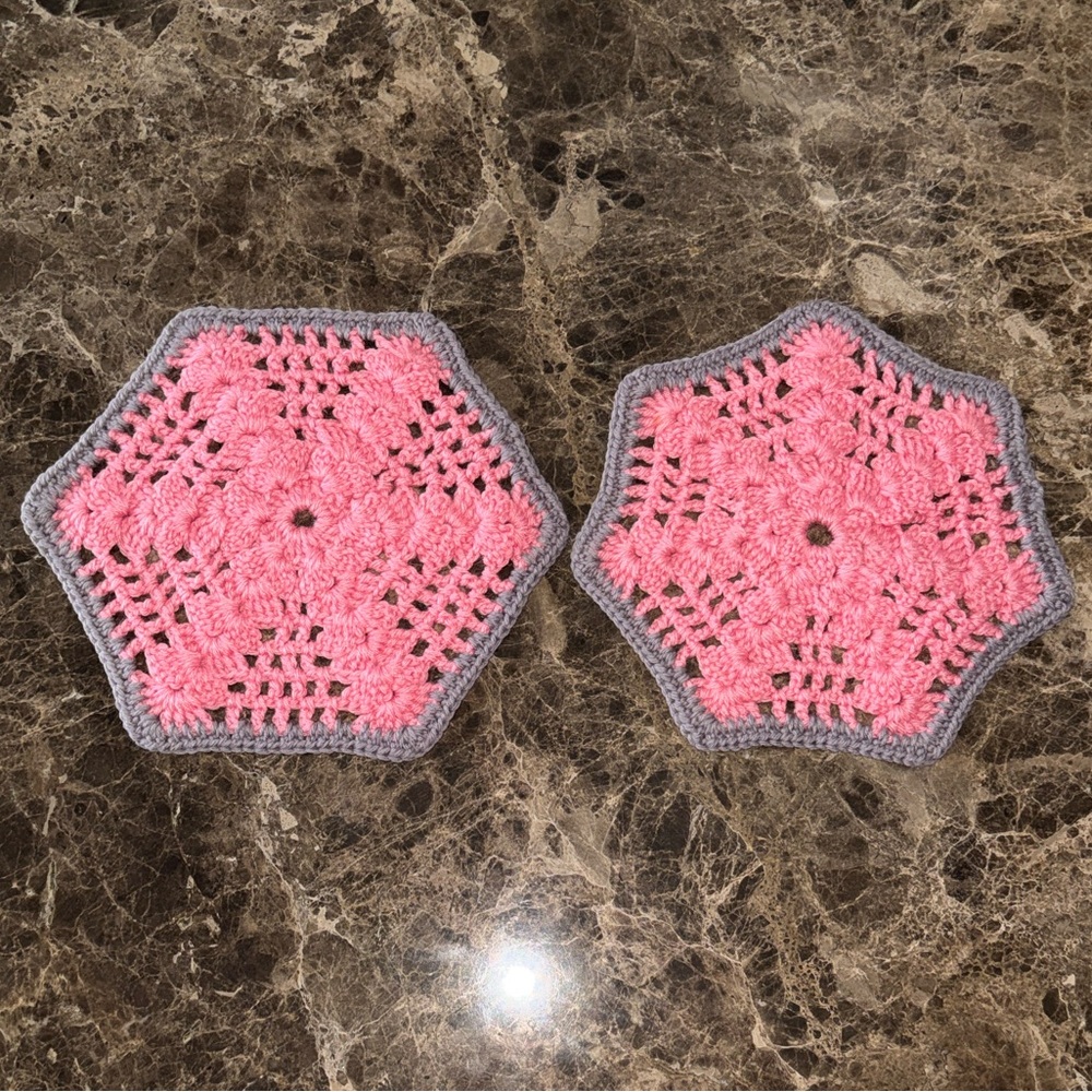 Vintage Handmade Boho Pink Gray Crochet Hexagon Coaster/Doilies/Trivet, Set of 2
